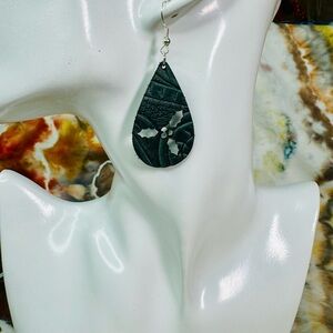 Christmas Holly Earrings green embossed leather hand crafted